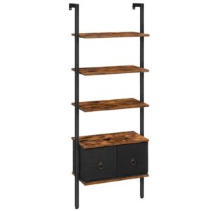 ladder shelf, 5 tier bookshelf, with 2 storage boxes, bookcase storage shelf stable metal frame, space-saving for living room, office, rustic brown
