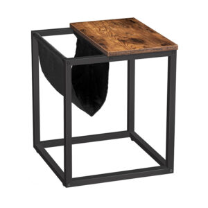 side table with magazine rack sling, retro industrial nightstand, wood look accent end table for small spaces, living room and bedroom, sturdy metal frame, easy assembly, rustic brown