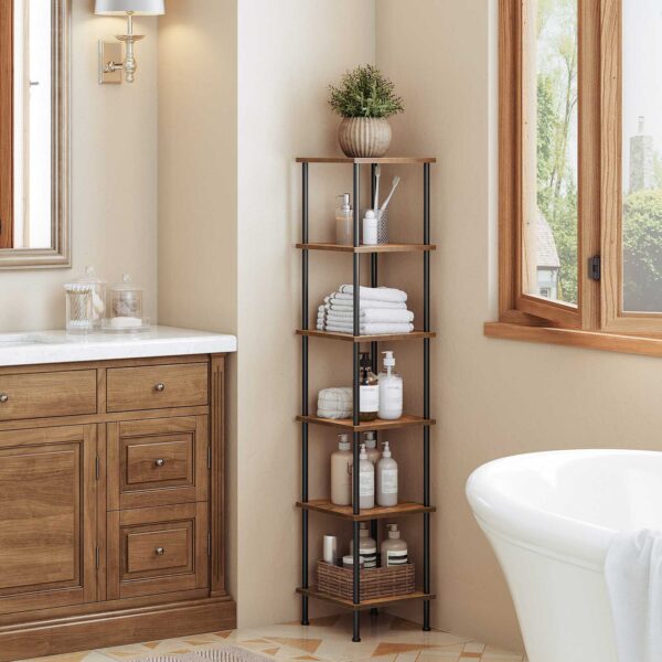 6-Tier hjørnehylle, Square Storage Display Rack, Rustikk brun & Black Tall Plant Stand & Bokhylle for små mellomrom, Stue, Hjemmekontor & Kjøkken