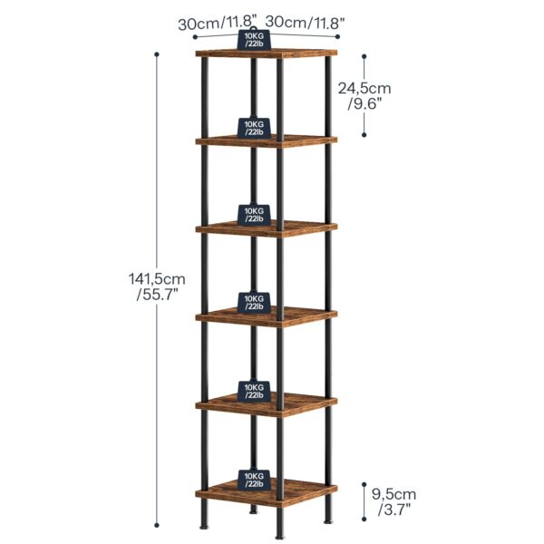 6-Tier hjørnehylle, Square Storage Display Rack, Rustikk brun & Black Tall Plant Stand & Bokhylle for små mellomrom, Stue, Hjemmekontor & Kjøkken