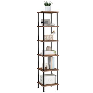 6-Tier Corner Shelf, Square Storage Display Rack, Rustic Brown & Black Tall Plant Stand & Bookcase for Small Spaces, Living Room, Home Office & Kitchen