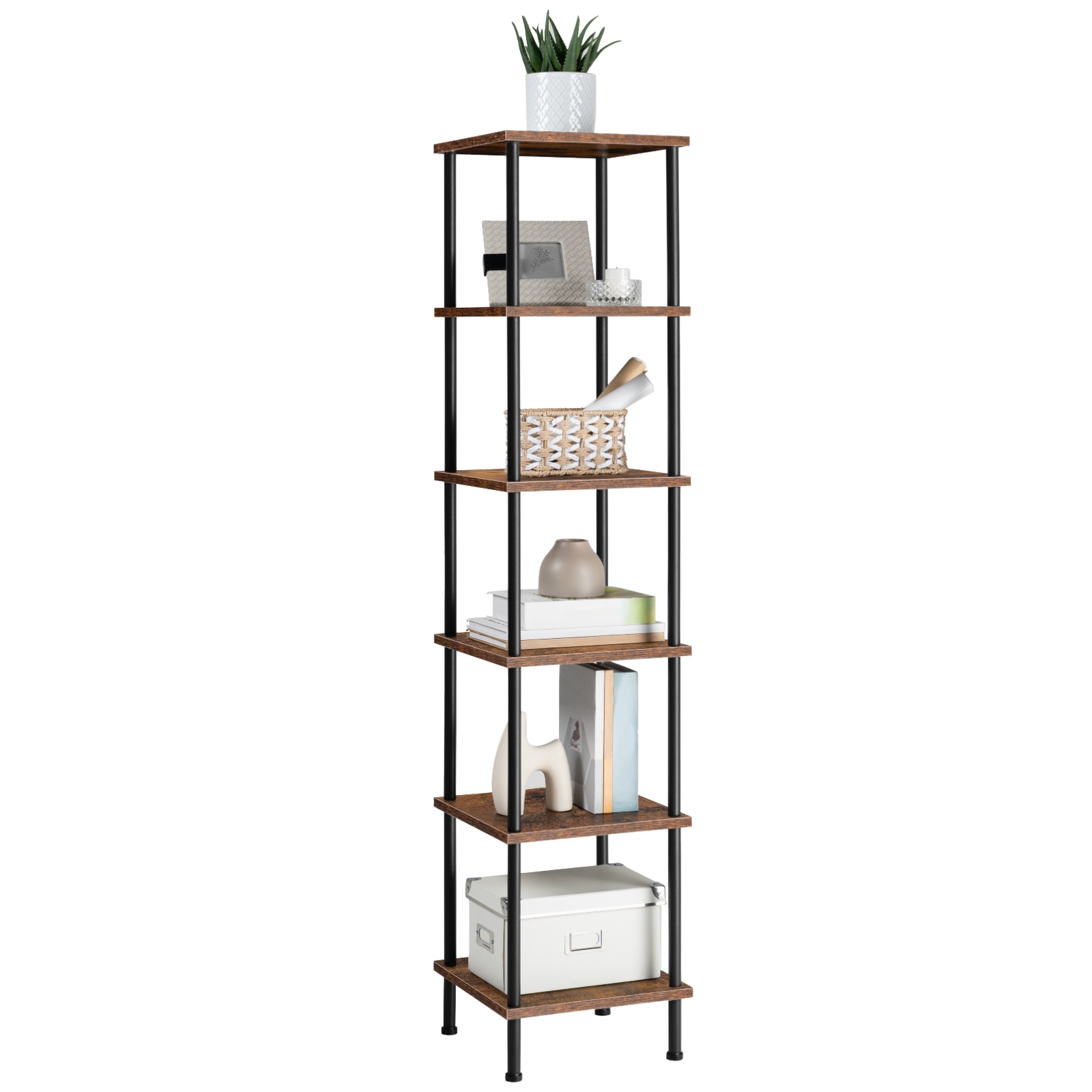 6-Tier hjørnehylle, Square Storage Display Rack, Rustikk brun & Black Tall Plant Stand & Bokhylle for små mellomrom, Stue, Hjemmekontor & Kjøkken