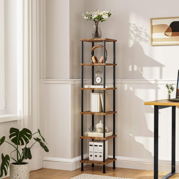 6-Tier hjørnehylle, Square Storage Display Rack, Rustikk brun & Black Tall Plant Stand & Bokhylle for små mellomrom, Stue, Hjemmekontor & Kjøkken