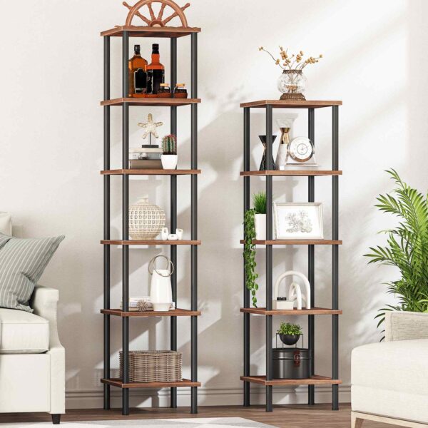 6-Tier hjørnehylle, Square Storage Display Rack, Rustikk brun & Black Tall Plant Stand & Bokhylle for små mellomrom, Stue, Hjemmekontor & Kjøkken
