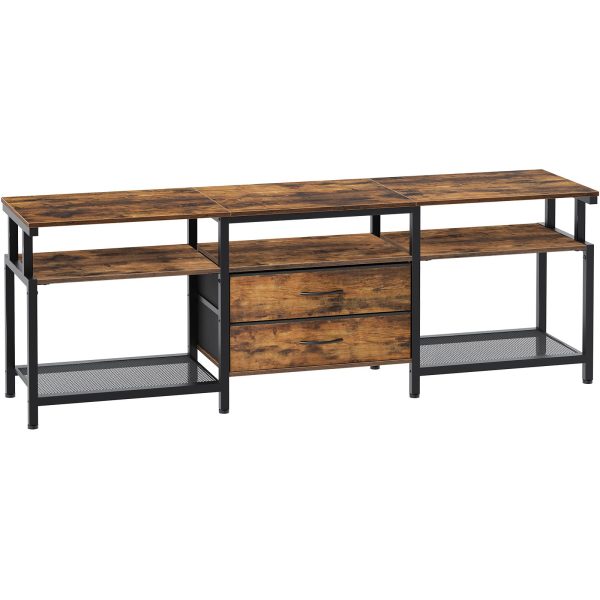 TV Stand Unit, Media Console Table with Open Storage Shelves and 2 Gavetas de tecido, Adequado para sala de estar, Quarto, Rústico Marrom e Preto