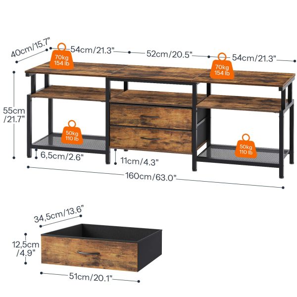 TV Stand Unit, Media Console Table with Open Storage Shelves and 2 Gavetas de tecido, Adequado para sala de estar, Quarto, Rústico Marrom e Preto
