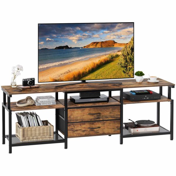 TV Stand Unit, Media Console Table with Open Storage Shelves and 2 Gavetas de tecido, Adequado para sala de estar, Quarto, Rústico Marrom e Preto