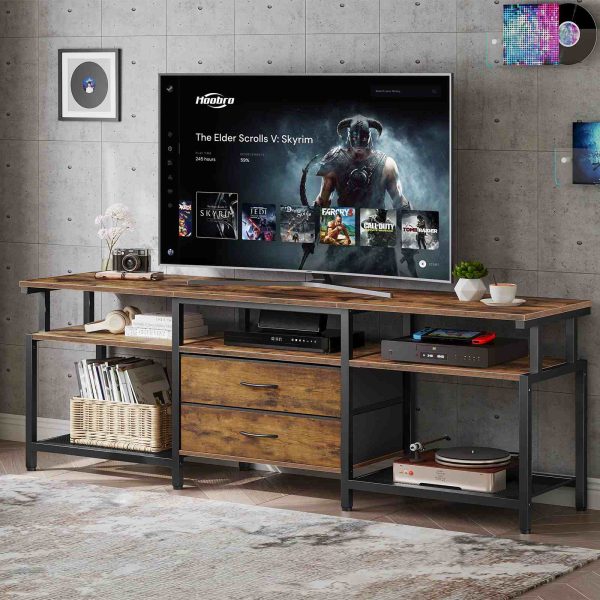 TV Stand Unit, Media Console Table with Open Storage Shelves and 2 Gavetas de tecido, Adequado para sala de estar, Quarto, Rústico Marrom e Preto
