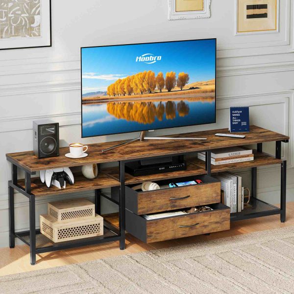 TV Stand Unit, Media Console Table with Open Storage Shelves and 2 Gavetas de tecido, Adequado para sala de estar, Quarto, Rústico Marrom e Preto