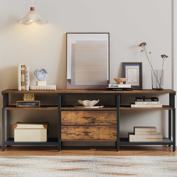 TV Stand Unit, Media Console Table with Open Storage Shelves and 2 Gavetas de tecido, Adequado para sala de estar, Quarto, Rústico Marrom e Preto