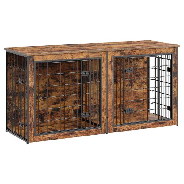 Dual-Dog Crate Furniture, 160cm Large Double Dog Kennel with Removable Divider, Wooden Indoor Pet Crate TV Stand for Medium to Large Dogs, Rustic Brown