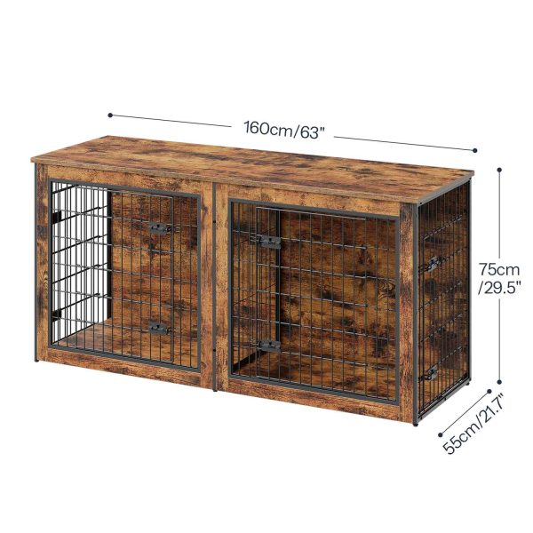 Dual-Dog Crate Furniture, 160cm Large Double Dog Kennel with Removable Divider, Wooden Indoor Pet Crate TV Stand for Medium to Large Dogs, Rustic Brown