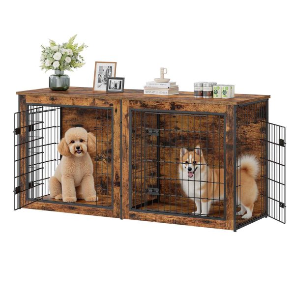 Dual-Dog Crate Furniture, 160cm Large Double Dog Kennel with Removable Divider, Wooden Indoor Pet Crate TV Stand for Medium to Large Dogs, Rustic Brown