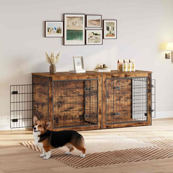 Dual-Dog Crate Furniture, 160cm Large Double Dog Kennel with Removable Divider, Wooden Indoor Pet Crate TV Stand for Medium to Large Dogs, Rustic Brown