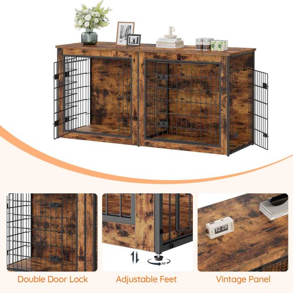 Dual-Dog Crate Furniture, 160cm Large Double Dog Kennel with Removable Divider, Wooden Indoor Pet Crate TV Stand for Medium to Large Dogs, Rustic Brown