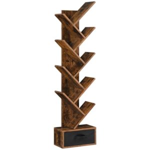 bookshelf, 9-tier tree bookcase, wooden free standing bookshelf for living room, bedroom, office rustic brown