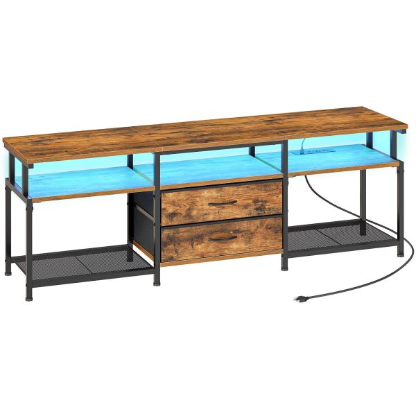 TV Stand with Integrated Power Outlet and LED Lighting, Entertainment Center Compatible with TVs Up to 75 Inches, Modern Media Console with 2 Non-Woven Drawers, Rustic Brown