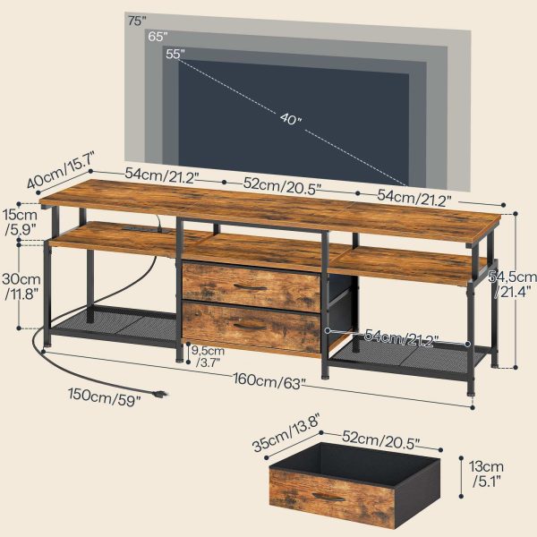 TV Stand with Integrated Power Outlet and LED Lighting, Entertainment Center Compatible with TVs Up to 75 Inches, Modern Media Console with 2 Non-Woven Drawers, Rustic Brown