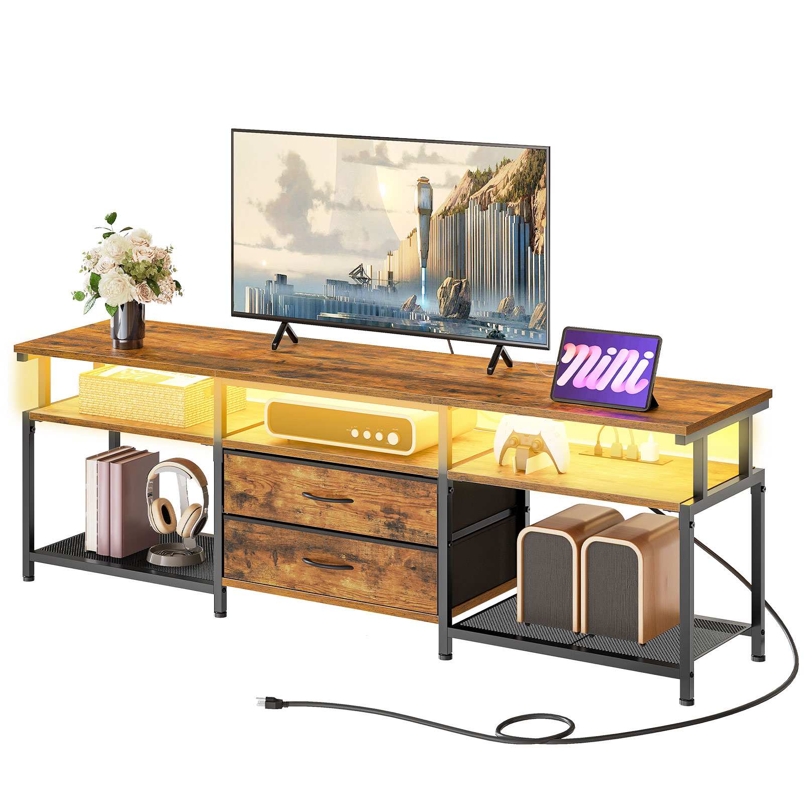 TV Stand with Integrated Power Outlet and LED Lighting, Entertainment Center Compatible with TVs Up to 75 Inches, Modern Media Console with 2 Non-Woven Drawers, Rustic Brown