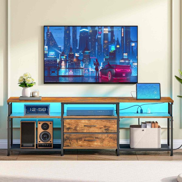 TV Stand with Integrated Power Outlet and LED Lighting, Entertainment Center Compatible with TVs Up to 75 Inches, Modern Media Console with 2 Non-Woven Drawers, Rustic Brown