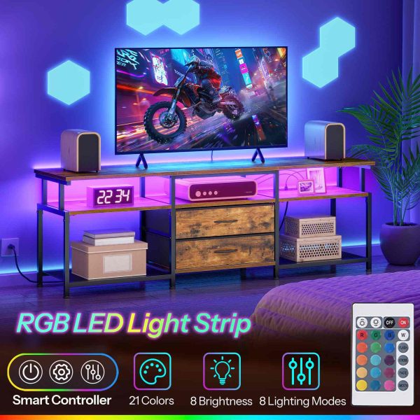 TV Stand with Integrated Power Outlet and LED Lighting, Entertainment Center Compatible with TVs Up to 75 Inches, Modern Media Console with 2 Non-Woven Drawers, Rustic Brown