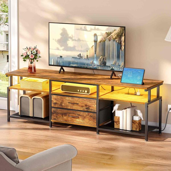 TV Stand with Integrated Power Outlet and LED Lighting, Entertainment Center Compatible with TVs Up to 75 Inches, Modern Media Console with 2 Non-Woven Drawers, Rustic Brown