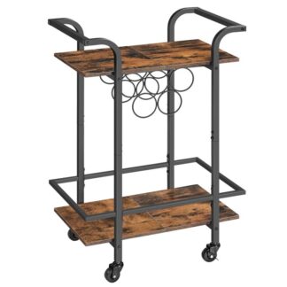 Κάρτα για το σπίτι για το σπίτι, 2-το καροτσάκι που σερβίρει με ράφι κρασιού, καλάθι κουζίνας με κλειδαριά τροχούς, Κολλητικό καλάθι κρασιού για σαλόνι, κόμμα, μπαρ,ρουστίκ καφέ και μαύρο