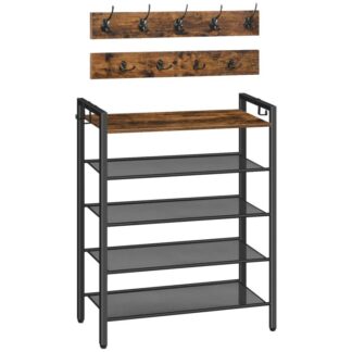 رف الأحذية, 5 منظم تخزين الأحذية من الطبقة مع خطافات المعطف, مجموعة أثاث المدخل, 3-تصميم في 1, أثاث خشبي بإطار معدني, للممر, خزانة, ريفي براون