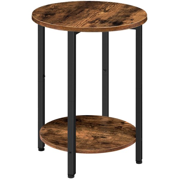 Round Side Table with Storage Shelf, 2-Tier Industrial End Table, Stable Metal Frame, Wood-Look Accent Table for Small Spaces, Living Room, Bedroom, Rustic Brown