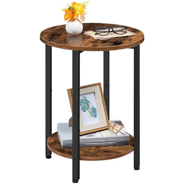 Round Side Table with Storage Shelf, 2-Tier Industrial End Table, Stable Metal Frame, Wood-Look Accent Table for Small Spaces, Living Room, Bedroom, Rustic Brown