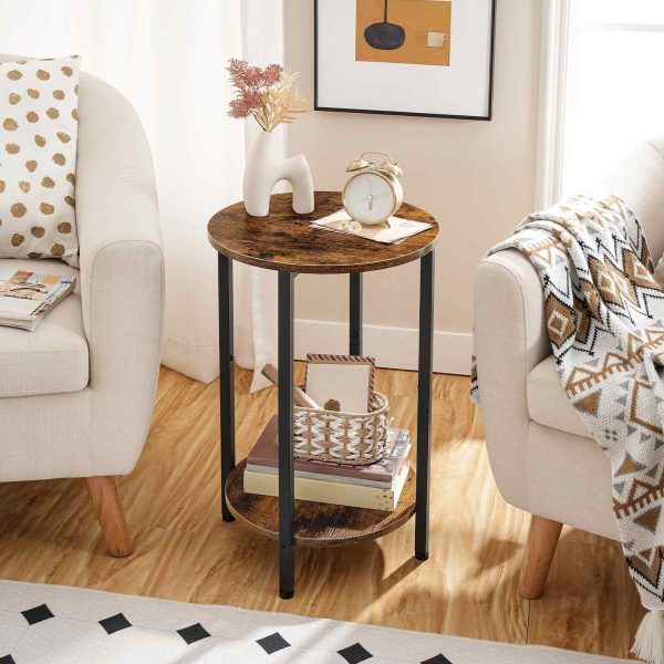 Round Side Table with Storage Shelf, 2-Tier Industrial End Table, Stable Metal Frame, Wood-Look Accent Table for Small Spaces, Living Room, Bedroom, Rustic Brown