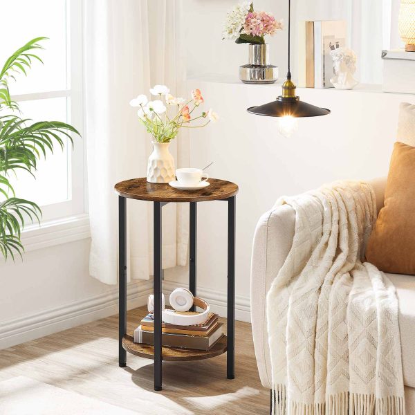 Round Side Table with Storage Shelf, 2-Tier Industrial End Table, Stable Metal Frame, Wood-Look Accent Table for Small Spaces, Living Room, Bedroom, Rustic Brown