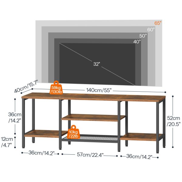 TV Cabinet with 3-Tier Open Compartments, Retro-Braun & Black Multifunctional TV Stand Suitable for TVs Up to 65 Zoll, Industrial-Style Storage Lowboard for Living Room