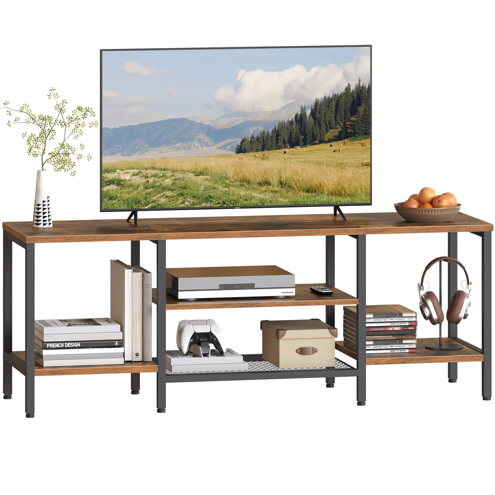 TV Cabinet with 3-Tier Open Compartments, Retro Brown & Black Multifunctional TV Stand Suitable for TVs Up to 65 Inches, Industrial-Style Storage Lowboard for Living Room