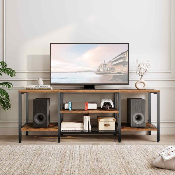 TV Cabinet with 3-Tier Open Compartments, Retro-Braun & Black Multifunctional TV Stand Suitable for TVs Up to 65 Zoll, Industrial-Style Storage Lowboard for Living Room