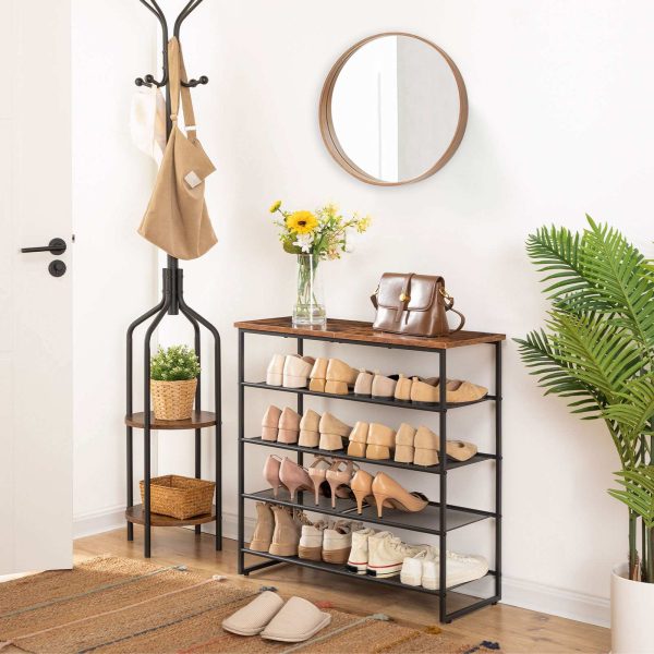 5-Sapateira de nível, Unidade de armazenamento de calçados industriais, Organizador de sapatos durável marrom rústico para 16-20 Pares, Design de economia de espaço, Adequado para entrada, Corredor, Closet e dormitório