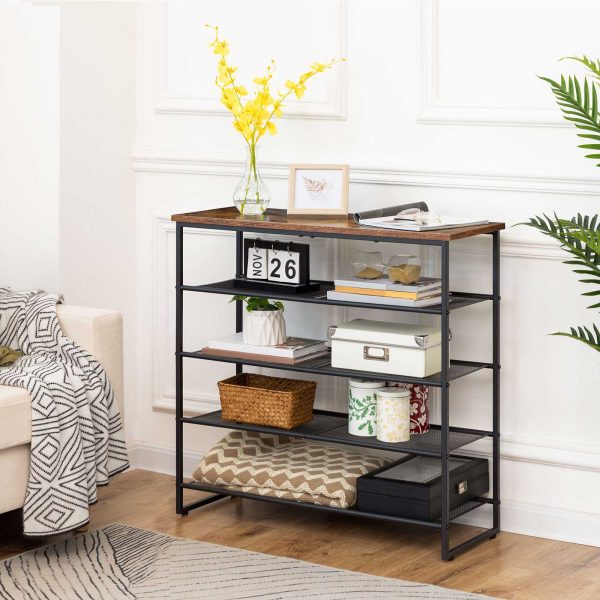 5-Sapateira de nível, Unidade de armazenamento de calçados industriais, Organizador de sapatos durável marrom rústico para 16-20 Pares, Design de economia de espaço, Adequado para entrada, Corredor, Closet e dormitório