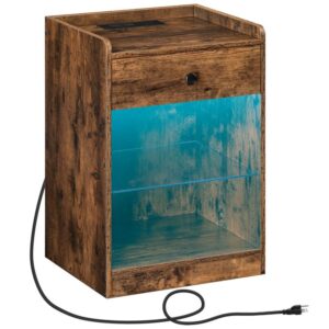 nightstand with charging station and led lights, side table with drawer and storage shelf, end table with usb ports and outlets, for small space, bedroom, rustic brown