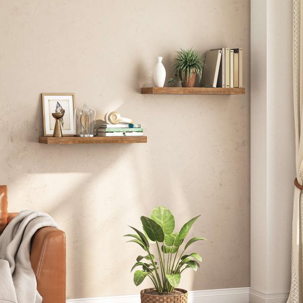 Rustic Brown Floating Wall Shelves Set of 2, Hanging Storage Shelves with Invisible Brackets, Suitable for Bathroom, Bedroom, Kitchen, Office and Living Room Decoration