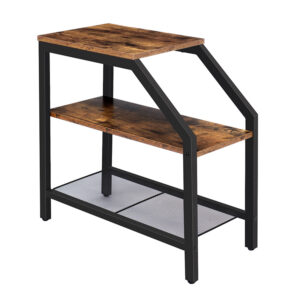 side table, narrow end table with 3-tier storage shelves, industrial nightstand for small spaces, beside sofa, recliner chair, in living room, bedroom, den, rustic brown and black