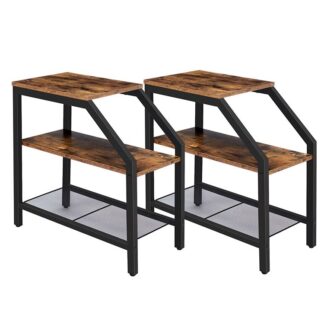 side table, set of 2, narrow end table with 3-tier storage shelves, industrial nightstand for small spaces, beside sofa, recliner chair, in living room, bedroom, den, rustic brown