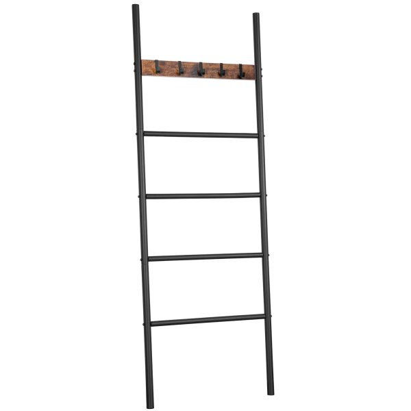 5-Tier Wall-Leaning Towel Rack, Metal Decorative Ladder Shelf with 5 Removable Hooks, Rustic Brown Display & Storage Rack for Bathroom, Foyer and Bedroom