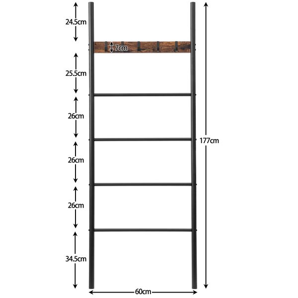 5-Tier Wall-Leaning Towel Rack, Metal Decorative Ladder Shelf with 5 Removable Hooks, Rustic Brown Display & Storage Rack for Bathroom, Foyer and Bedroom
