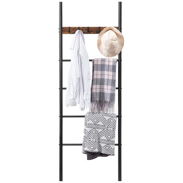 5-Tier Wall-Leaning Towel Rack, Metal Decorative Ladder Shelf with 5 Removable Hooks, Rustic Brown Display & Storage Rack for Bathroom, Foyer and Bedroom