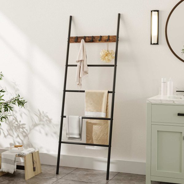 5-Tier Wall-Leaning Towel Rack, Metal Decorative Ladder Shelf with 5 Removable Hooks, Rustic Brown Display & Storage Rack for Bathroom, Foyer and Bedroom