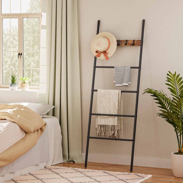 5-Tier Wall-Leaning Towel Rack, Metal Decorative Ladder Shelf with 5 Removable Hooks, Rustic Brown Display & Storage Rack for Bathroom, Foyer and Bedroom