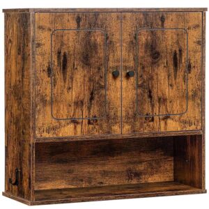 medicine cabinet, wall cabinet with 2 doors and adjustable shelf, wooden storage cabinet, medicine cupboard organizer with metal hooks, for kitchen, living room, rustic brown