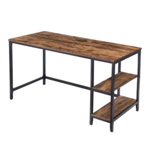computer desk, 55.1 inch writing desk with adjustable shelf on left or right, office study desk for laptop, sturdy metal frame, for home office, easy assembly, rustic brown and black
