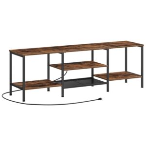 TV stand with power outlets to 75 inches, tv console table with open storage shelves cabinet, industrial media entertainment center for living room bedroom, rustic brown and black