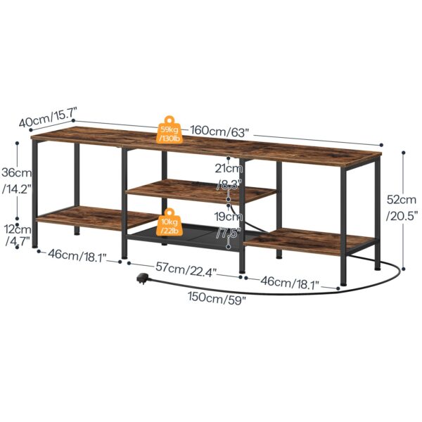 160cm TV Stand Unit, Industrial Media Entertainment Center with Power Outlets and Open Storage Shelves, Рустик Браун & Black TV Cabinet for Living Room and Bedroom
